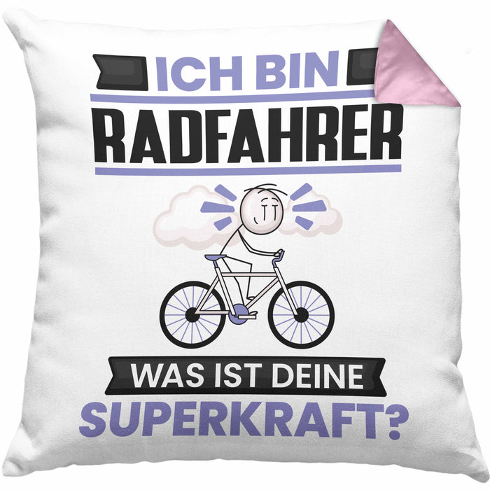 Radfahrer Kissen mit Füllung 40x40 Geschenk für Radfahrer Geburtstag Lustiger Spruch Was Ist Deine Superkraft (Grau) Rosa Trendation
