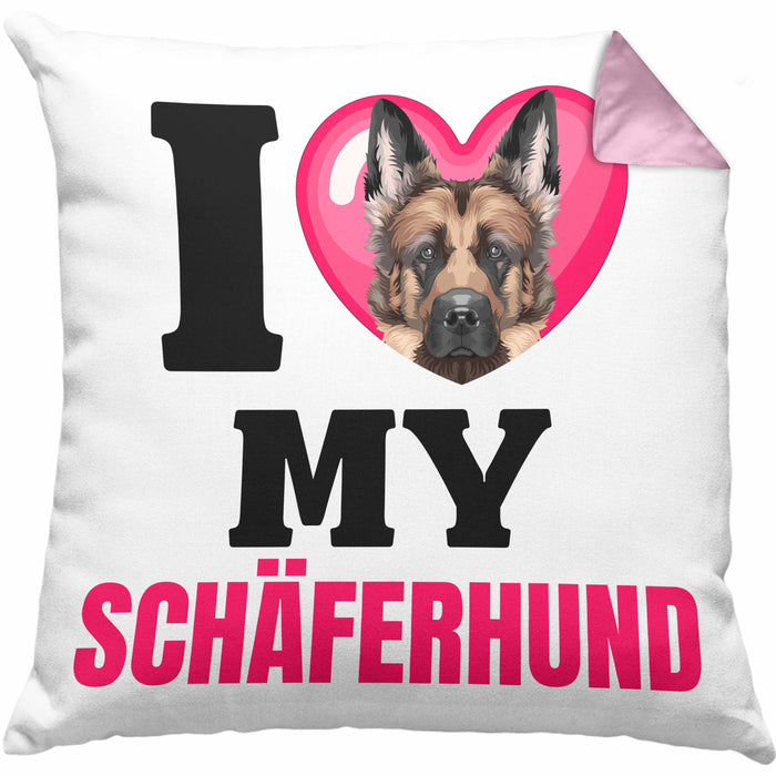 Schäferhund Besitzerin Kissen mit Füllung 40x40 Geschenk Lustiger Spruch Geschenkidee I Love My Schäferhund (Grau) Rosa Trendation