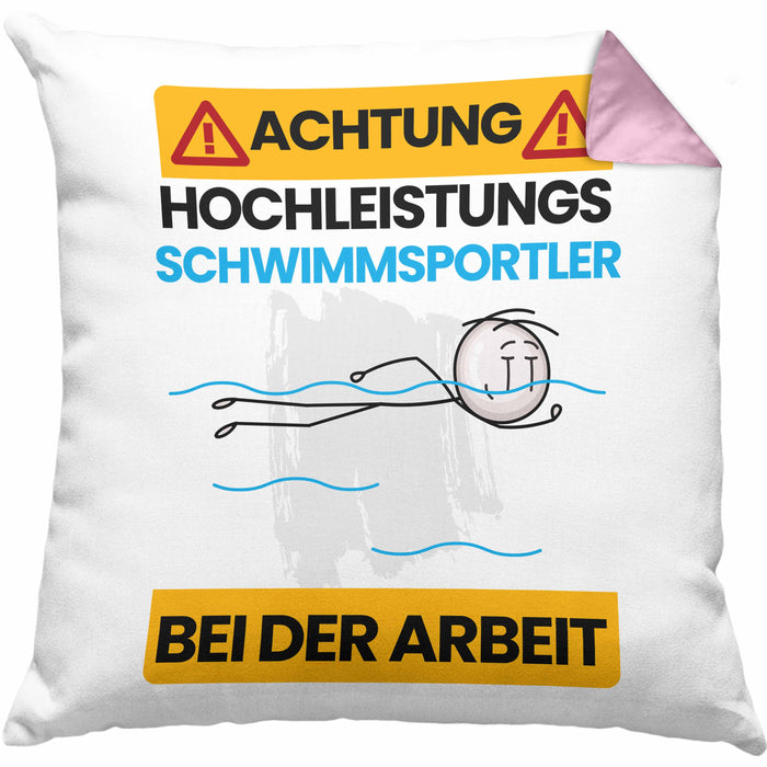Schwimmsportler Kissen mit Füllung 40x40 Geschenk Lustiger Spruch Geschenkidee für Schwimmsportler Achtung Hochleistungs Schwimmsportler Bei Der Arbeit (Grau) Rosa Trendation
