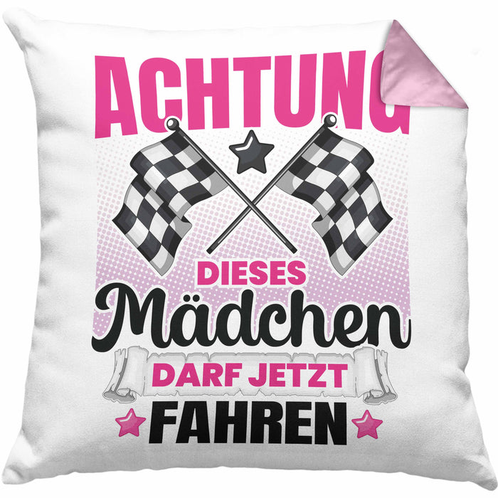 Führerschein Bestanden Geschenk Kissen mit Füllung 40x40 Bestandener Führerschein Achtung Dieses Mädchen Darf Jetzt Fahren Fahrschule (Grau) Rosa Trendation