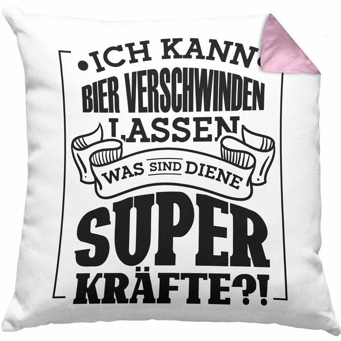 Bier Kissen mit Füllung 40x40 - "Ich kann Bier verschwinden lassen" Geschenk für Bierliebhaber (Grau) Rosa Trendation