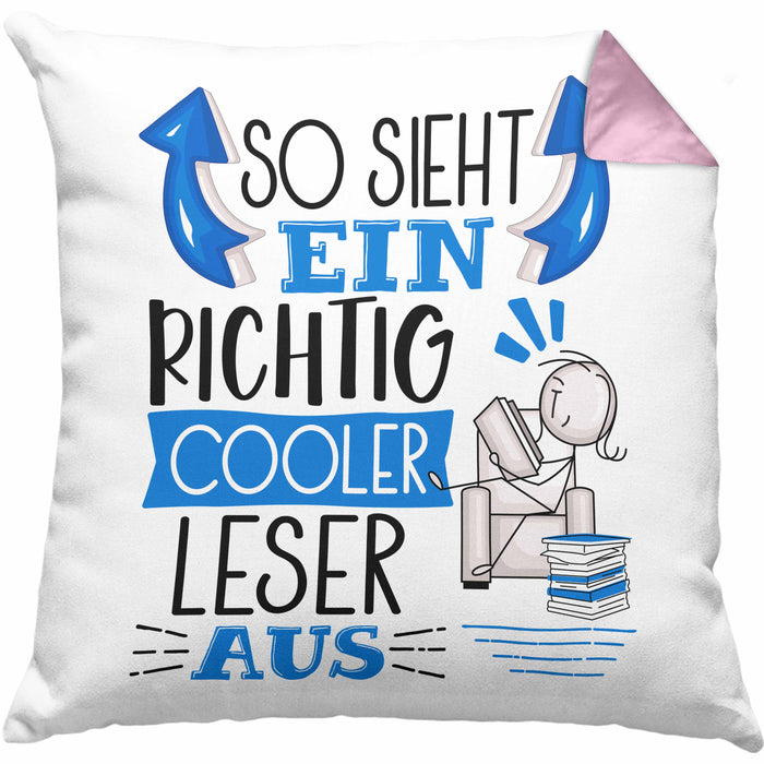 So Sieht Ein Richtig Cooler Leser Aus Geschenk Kissen mit Füllung 40x40 Lustiger Spruch Geschenkidee (Grau) Rosa Trendation
