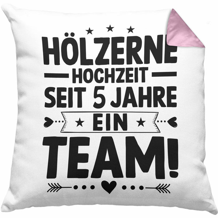 Hölzerne Hochzeit Kissen mit Füllung 40x40 Geschenk Ehemann Ehefrau Partner 5 Jahre Ein Team (Grau) Rosa Trendation