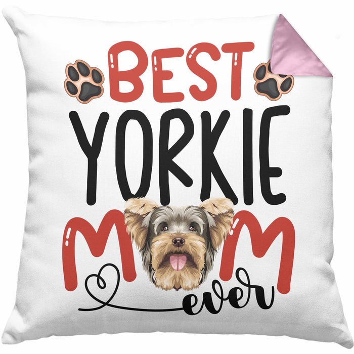 Yorkie Mom Besitzerin Kissen mit Füllung 40x40 Geschenk Lustiger Spruch Geschenkidee Besitzerin Yorkie Mama (Grau) Rosa Trendation