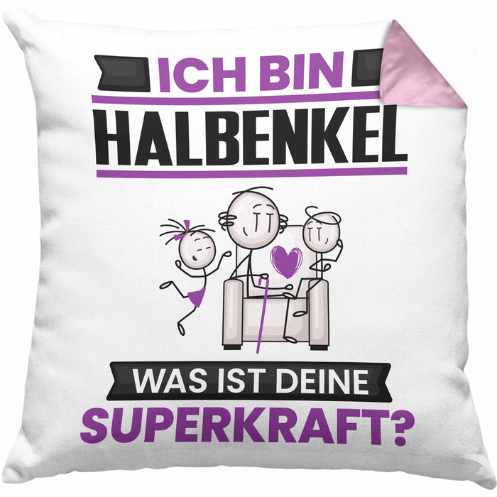 Halbenkel Kissen mit Füllung 40x40 Geschenk für Halbenkel Geburtstag Lustiger Spruch Was Ist Deine Superkraft (Grau) Rosa Trendation