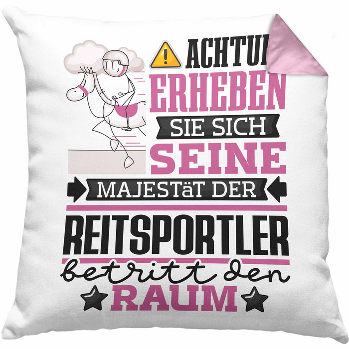 Reitsportler Geschenk Kissen mit Füllung 40x40 Lustiger Spruch Erheben Sie Sich Der Reitsportler Betritt den Raum (Grau) Rosa Trendation