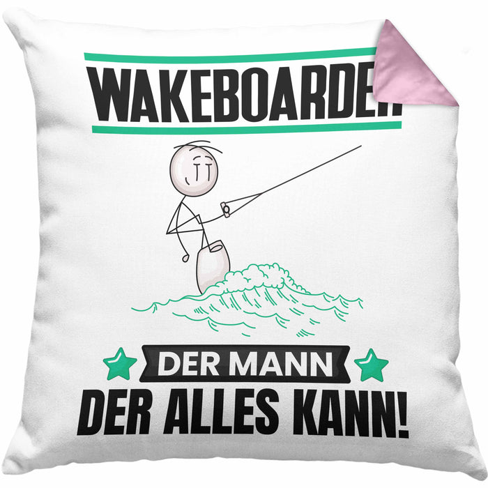 Wakeboarder Kissen mit Füllung 40x40 Geschenk für Wakeboarder Der Mann Der Alles Kann Geschenkidee zum Geburtstag (Grau) Rosa Trendation