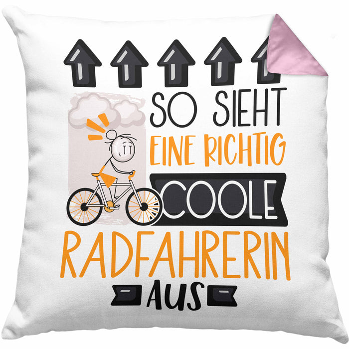 Radfahrerin Geschenk Kissen mit Füllung 40x40 Lustig Geschenkidee für Radfahrerin Geburtstag So Sieht Eine Richtig Coole Radfahrerin Aus Frauen Spruch (Grau) Rosa Trendation