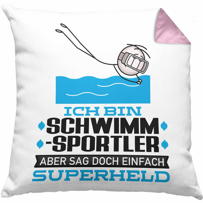 Schwimmsportler Geschenk Kissen mit Füllung 40x40 Ich Bin Schwimmsportler Aber Sag Doch Einfach Superheld Lustige Geschenkdiee für Schwimmsportler (Grau) Rosa Trendation