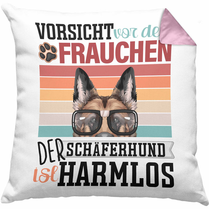 Schäferhund Besitzerin Frauchen Kissen mit Füllung 40x40 Geschenk Lustiger Spruch Geschenkidee Vorsicht Vor Dem Frauchen (Grau) Rosa Trendation