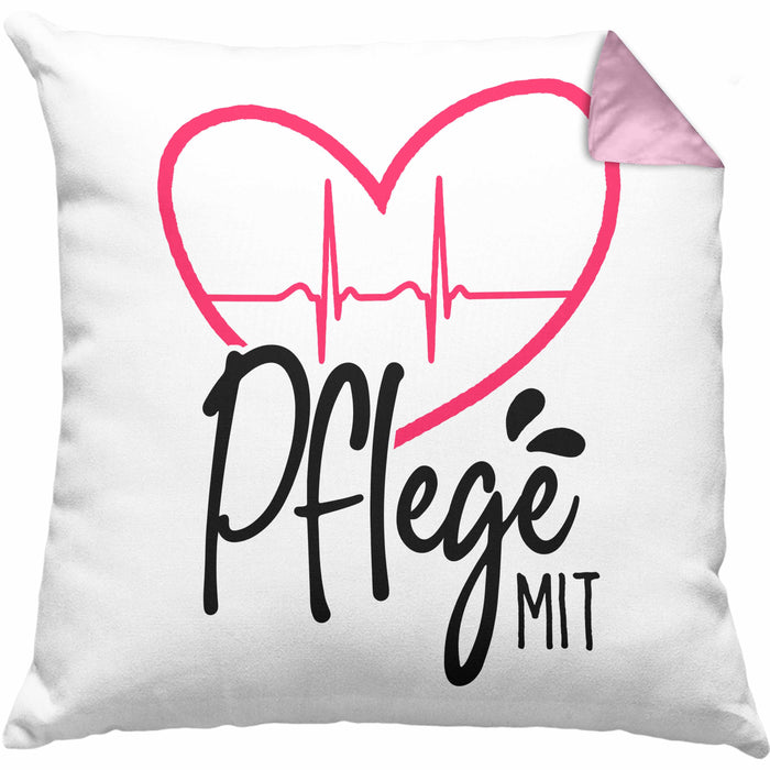 Geschenkidee Pfleger Kissen mit Füllung 40x40 "Pflege mit Herz" Grafik Pfleger Geschenk (Grau) Rosa Trendation