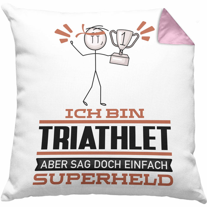 Triathlet Geschenk Kissen mit Füllung 40x40 Ich Bin Triathlet Aber Sag Doch Einfach Superheld Lustige Geschenkdiee für Triathlet (Grau) Rosa Trendation