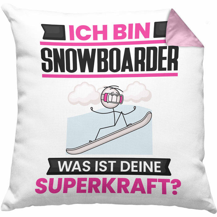 Snowboarder Kissen mit Füllung 40x40 Geschenk für Snowboarder Geburtstag Lustiger Spruch Was Ist Deine Superkraft (Grau) Rosa Trendation