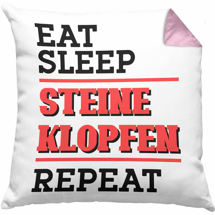 Steinmetz Kissen mit Füllung 40x40 Geschenk Spruch Geschenkidee Eat Sleep Steine Klopfen Repeat (Grau) Rosa Trendation