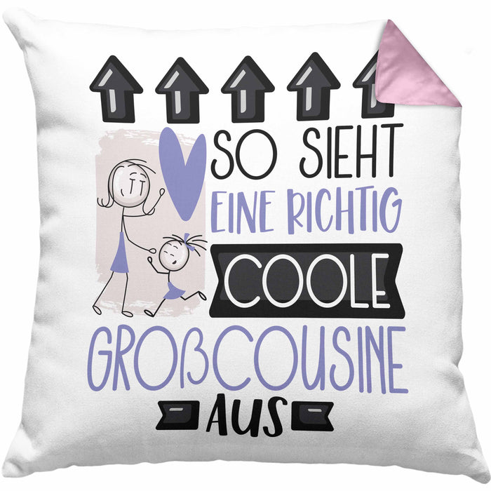 Großcousine Geschenk Kissen mit Füllung 40x40 Geschenkidee für Großcousine Geburtstag Weihnachten Spruch So Sieht Eine Richtig Coole Großcousine Aus (Grau) Rosa Trendation