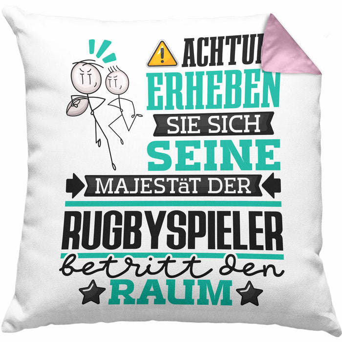 Rugbyspieler Geschenk Kissen mit Füllung 40x40 Lustiger Spruch Erheben Sie Sich Der Rugbyspieler Betritt den Raum (Grau) Rosa Trendation