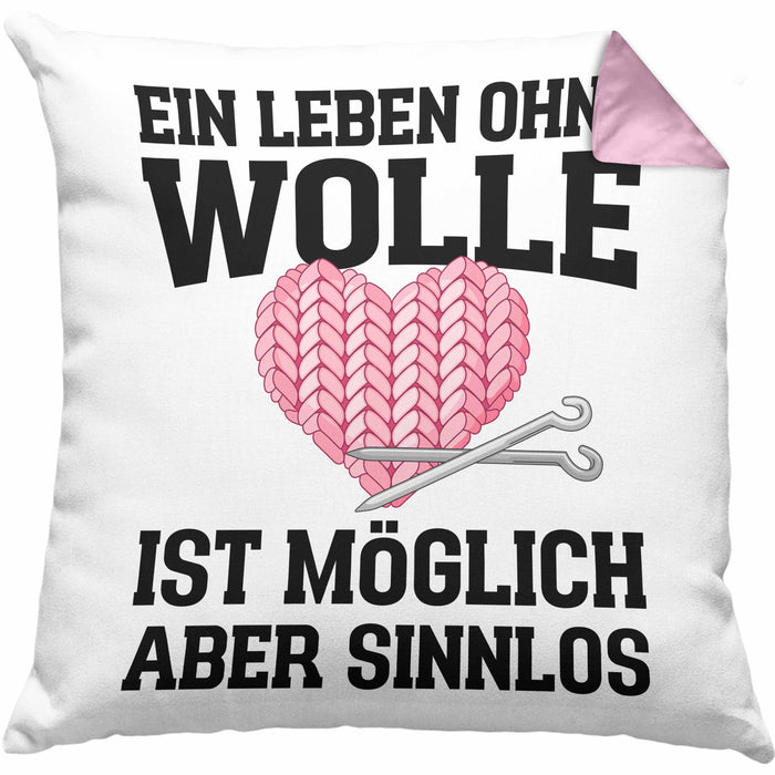 Häkeln Zubehör Kissen mit Füllung 40x40 Geschenk Stricken Geschenke Häkel Oma Mama Ein Leben Ohne Wolle (Grau) Rosa Trendation