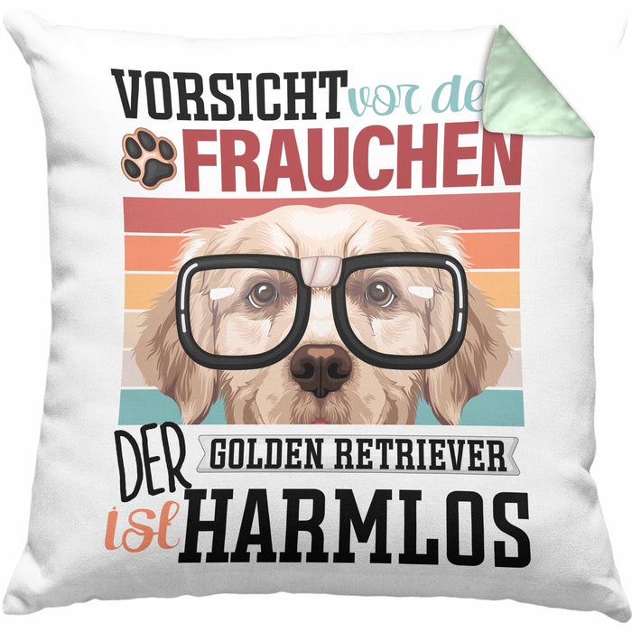 Golden Retriever Besitzerin Frauchen Kissen mit Füllung 40x40 Geschenk Lustiger Spruch Geschenkidee Vorsicht Vor Dem Frauchen (Grau) Grün Trendation