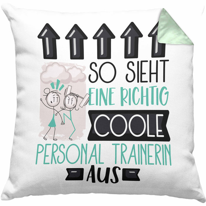 Personal Trainerin Geschenk Kissen mit Füllung 40x40 Lustig Geschenkidee für Personal Trainerin Geburtstag So Sieht Eine Richtig Coole Personal Trainerin Aus Frauen Spruch (Grau) Grün Trendation