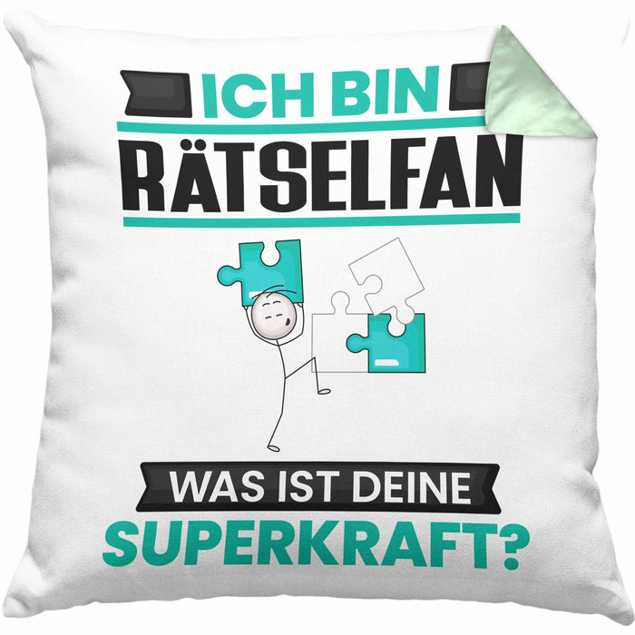Rätselfan Kissen mit Füllung 40x40 Geschenk für Rätselfan Geburtstag Lustiger Spruch Was Ist Deine Superkraft (Grau) Grün Trendation