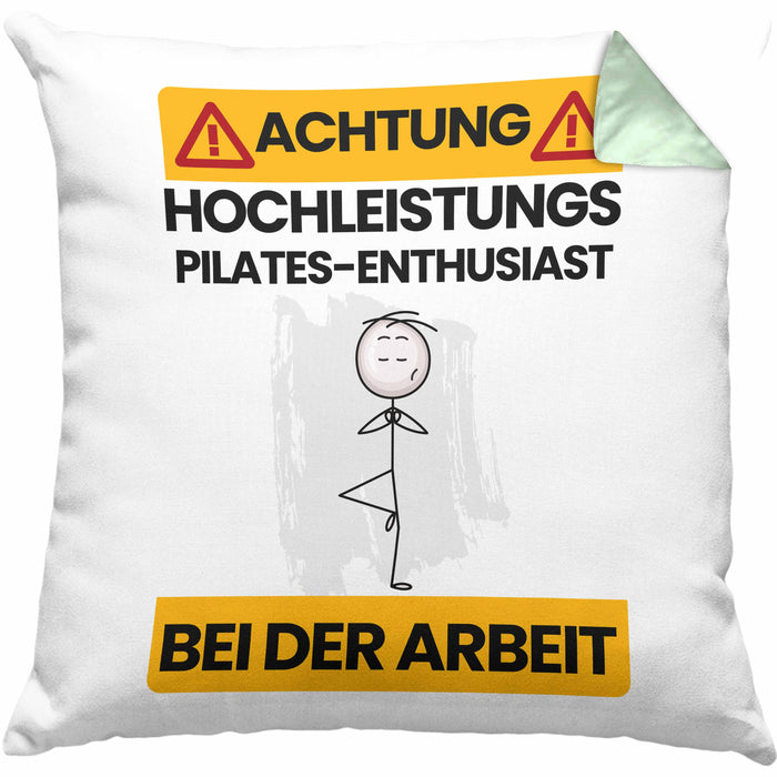 Pilates-Enthusiast Kissen mit Füllung 40x40 Geschenk Lustiger Spruch Geschenkidee für Pilates-Enthusiast Achtung Hochleistungs Pilates-Enthusiast Bei Der Arbeit (Grau) Grün Trendation