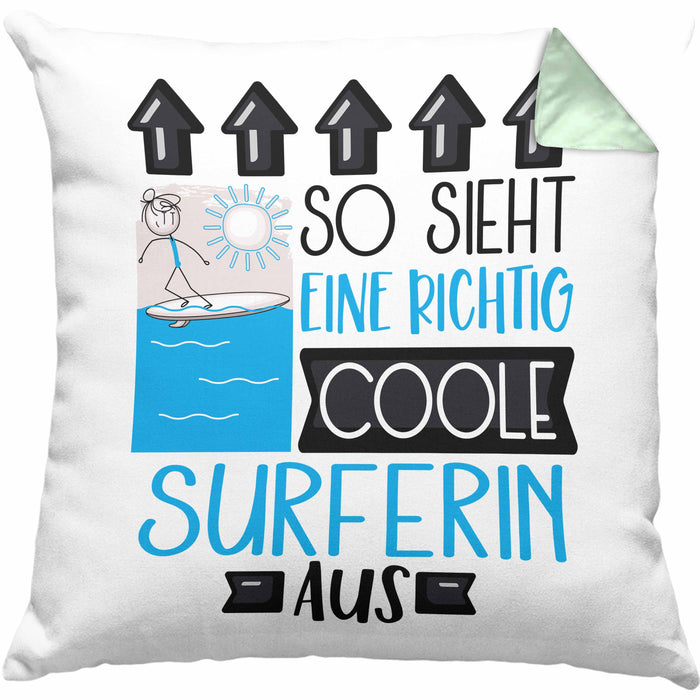 Surferin Geschenk Kissen mit Füllung 40x40 Lustig Geschenkidee für Surferin Geburtstag So Sieht Eine Richtig Coole Surferin Aus Frauen Spruch (Grau) Grün Trendation