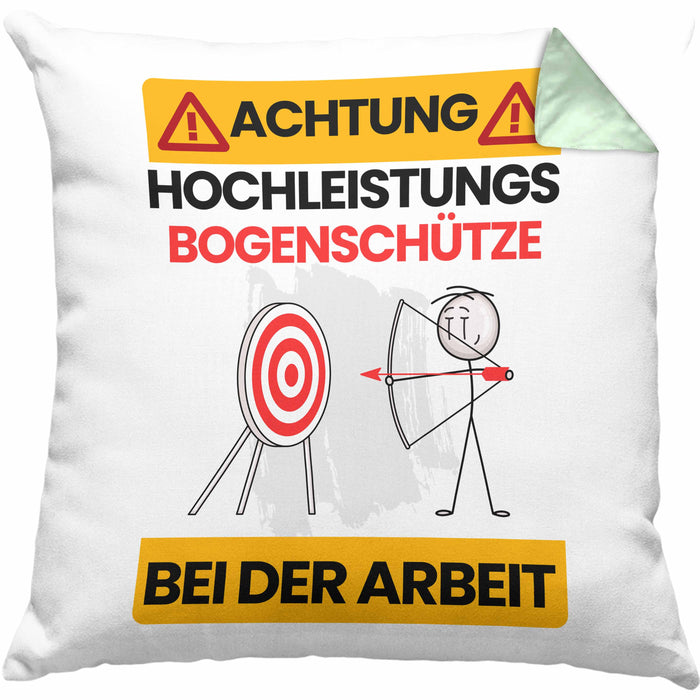 Bogenschütze Kissen mit Füllung 40x40 Geschenk Lustiger Spruch Geschenkidee für Bogenschütze Achtung Hochleistungs Bogenschütze Bei Der Arbeit (Grau) Grün Trendation