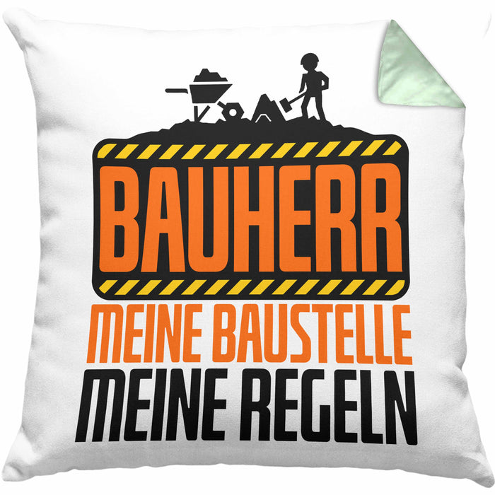Bauherr Kissen mit Füllung 40x40 "Meine Baustelle, Meine Regeln" Lustiges Geschenk für Bauherren (Grau) Grün Trendation