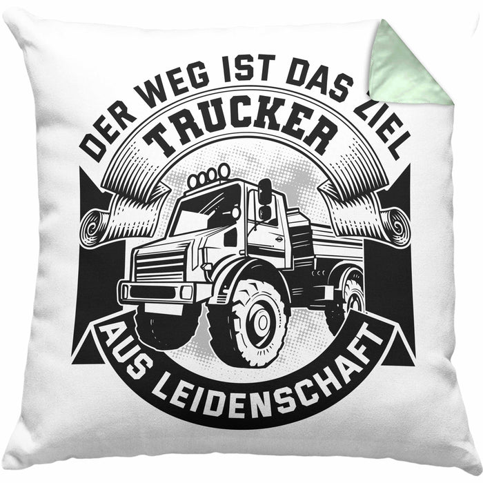 Trucker Geschenk Kissen mit Füllung 40x40 Der Weg Ist Das Ziel Trucker LKW Fahrer Geschenkidee (Grau) Grün Trendation