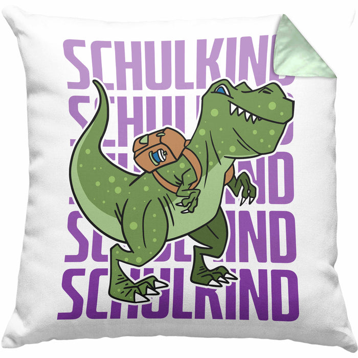 Einschulung Kissen mit Füllung 40x40 Geschenk Jungs Erster Schultag: Lustige T-Rex Dino Kissen mit Füllung 40x40 für Schulkind (Grau) Grün Trendation