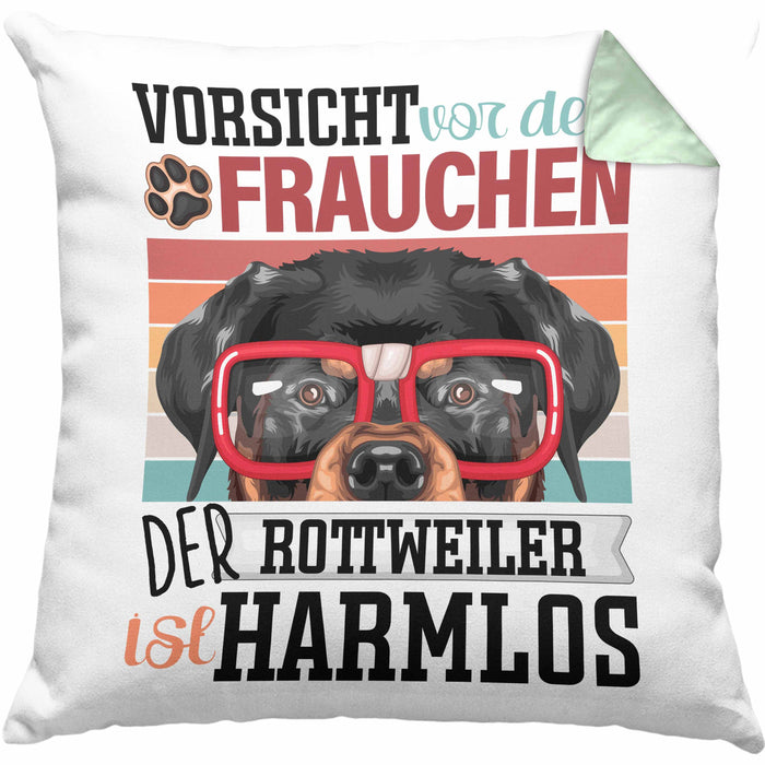 Rottweiler Besitzerin Frauchen Kissen mit Füllung 40x40 Geschenk Lustiger Spruch Geschenkidee Vorsicht Vor Dem Frauchen (Grau) Grün Trendation