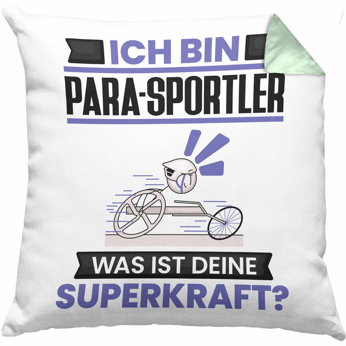 Para-Sportler Kissen mit Füllung 40x40 Geschenk für Para-Sportler Geburtstag Lustiger Spruch Was Ist Deine Superkraft (Grau) Grün Trendation