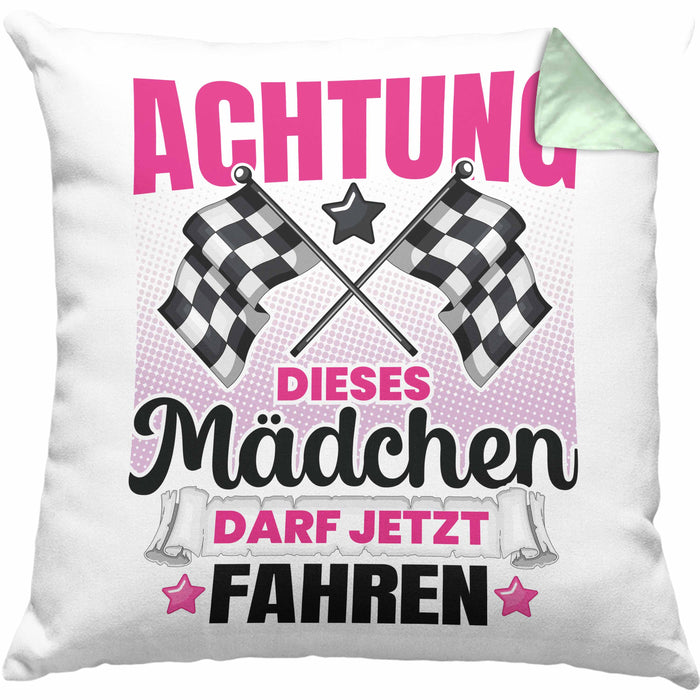 Führerschein Bestanden Geschenk Kissen mit Füllung 40x40 Bestandener Führerschein Achtung Dieses Mädchen Darf Jetzt Fahren Fahrschule (Grau) Grün Trendation
