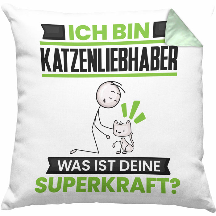 Katzenliebhaber Kissen mit Füllung 40x40 Geschenk für Katzenliebhaber Geburtstag Lustiger Spruch Was Ist Deine Superkraft (Grau) Grün Trendation