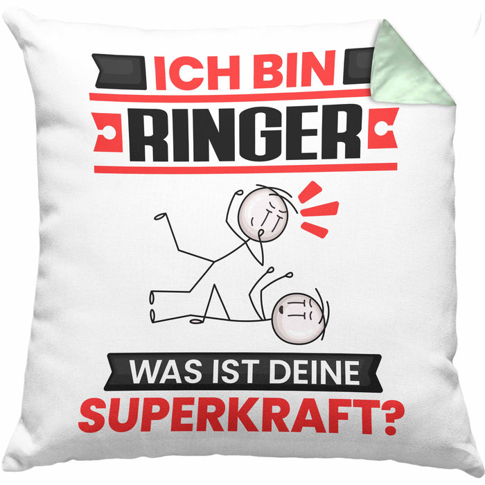 Ringer Kissen mit Füllung 40x40 Geschenk für Ringer Geburtstag Lustiger Spruch Was Ist Deine Superkraft (Grau) Grün Trendation