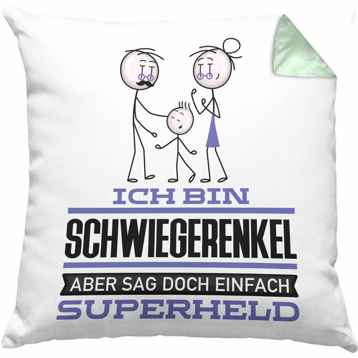 Schwiegerenkel Geschenk Kissen mit Füllung 40x40 Ich Bin Schwiegerenkel Aber Sag Doch Einfach Superheld Lustige Geschenkdiee für Schwiegerenkel (Grau) Grün Trendation