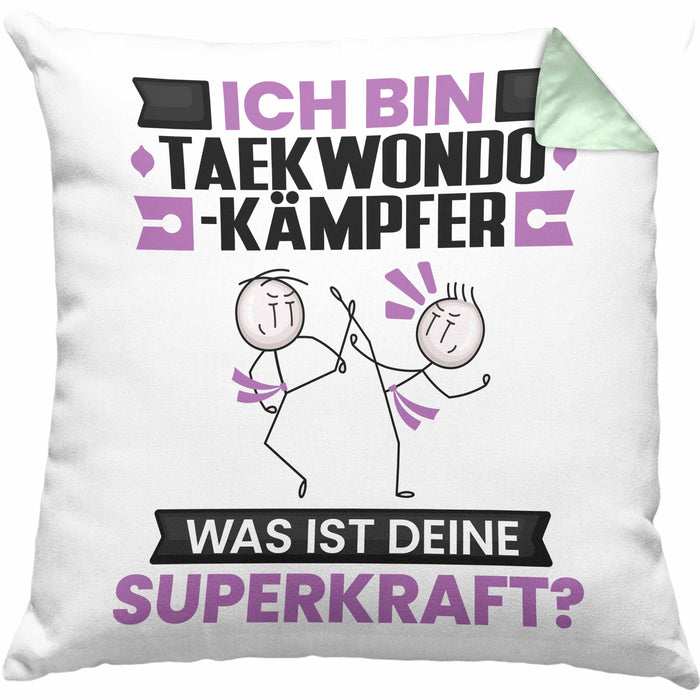Taekwondo-Kämpfer Kissen mit Füllung 40x40 Geschenk für Taekwondo-Kämpfer Geburtstag Lustiger Spruch Was Ist Deine Superkraft (Grau) Grün Trendation