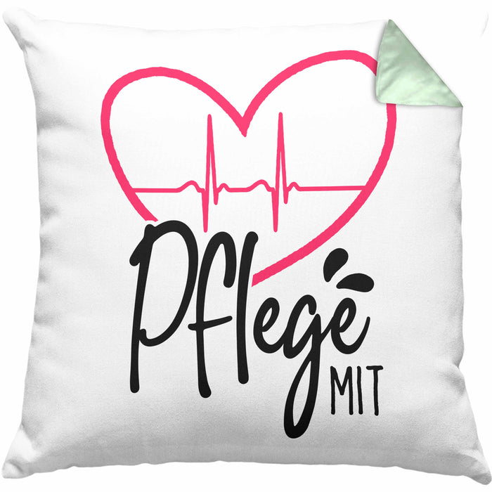 Geschenkidee Pfleger Kissen mit Füllung 40x40 "Pflege mit Herz" Grafik Pfleger Geschenk (Grau) Grün Trendation