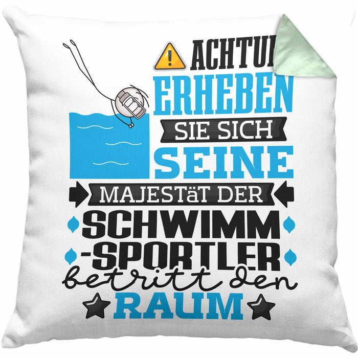 Schwimmsportler Geschenk Kissen mit Füllung 40x40 Lustiger Spruch Erheben Sie Sich Der Schwimmsportler Betritt den Raum (Grau) Grün Trendation
