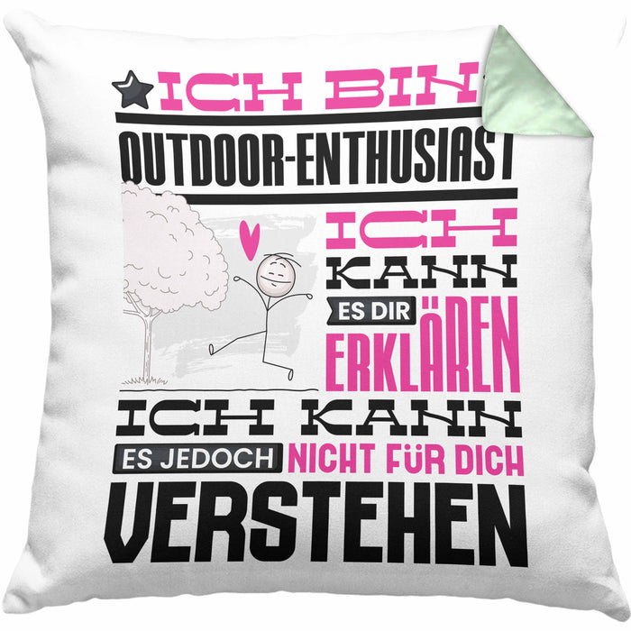 Outdoor-Enthusiast Geschenk Kaffee-Kissen mit Füllung 40x40 Geschenkidee für Outdoor-Enthusiast Ich Bin Outdoor-Enthusiast Ich Kann Es Dir Erklären Jedoch Nicht Für Dich Verstehen Spruch Lustig (Grau) Grün Trendation