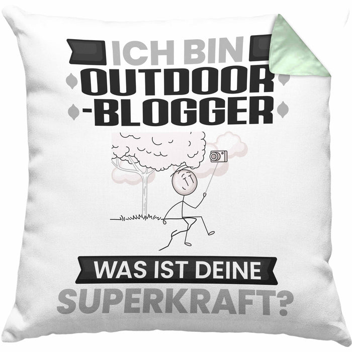 Outdoor-Blogger Kissen mit Füllung 40x40 Geschenk für Outdoor-Blogger Geburtstag Lustiger Spruch Was Ist Deine Superkraft (Grau) Grün Trendation