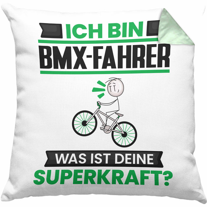 BMX-Fahrer Kissen mit Füllung 40x40 Geschenk für BMX-Fahrer Geburtstag Lustiger Spruch Was Ist Deine Superkraft (Grau) Grün Trendation