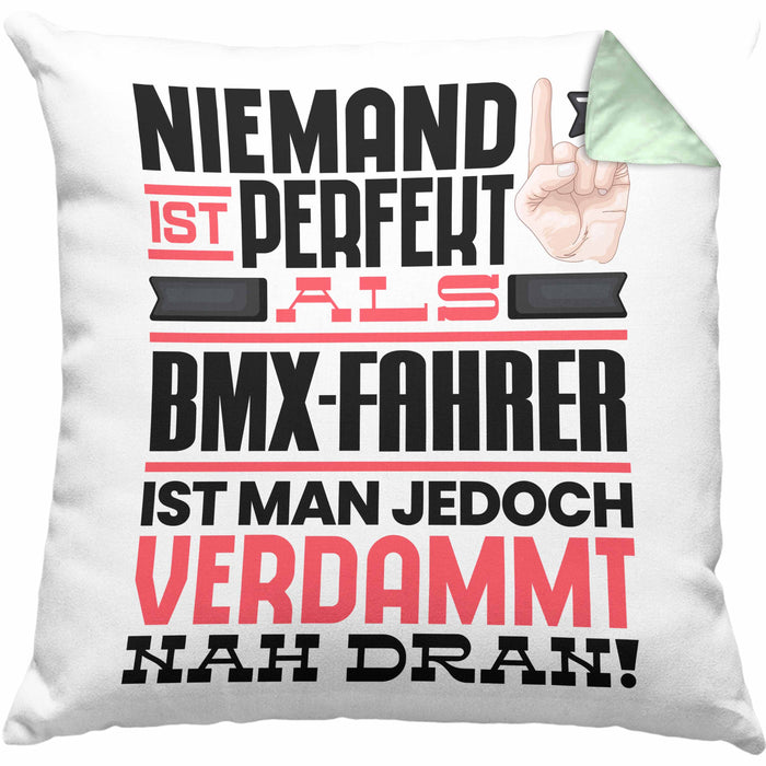 BMX-Fahrer Geschenk Kissen mit Füllung 40x40 Lustige Geschenkidee für BMX-Fahrer Geburtstag Niemand Ist Perfekt Aber Als BMX-Fahrer Ist Man Nah Dran (Grau) Grün Trendation