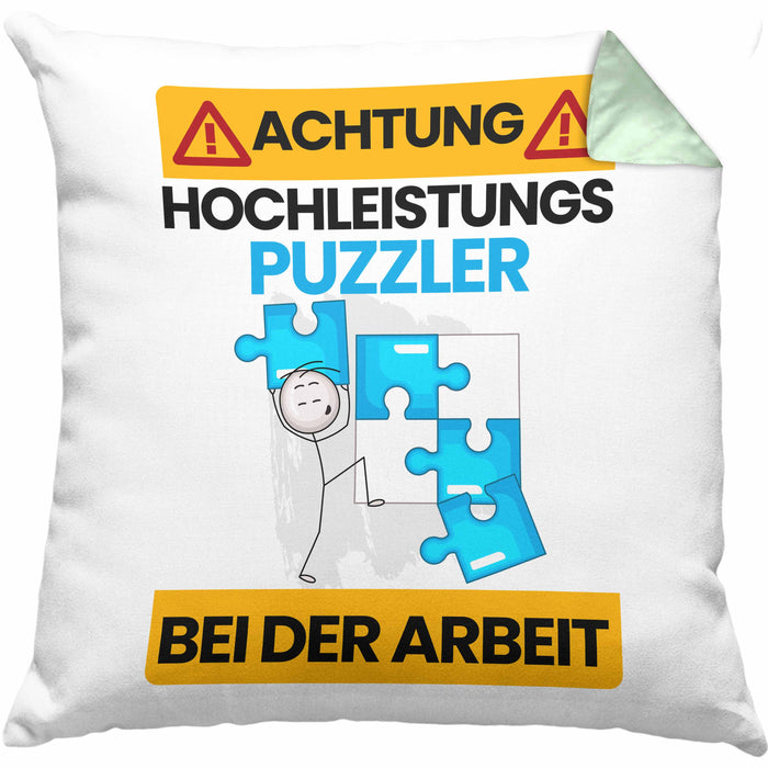 Puzzler Kissen mit Füllung 40x40 Geschenk Lustiger Spruch Geschenkidee für Puzzler Achtung Hochleistungs Puzzler Bei Der Arbeit (Grau) Grün Trendation