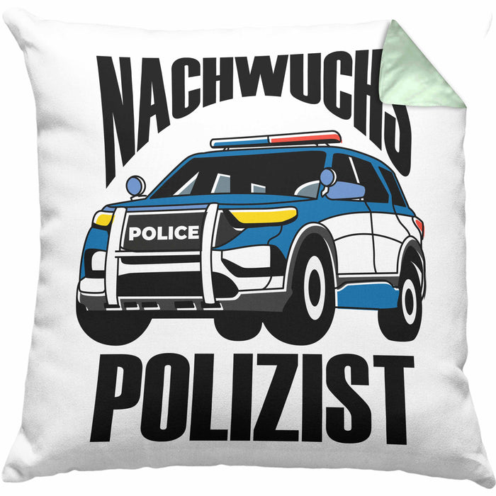 Einschulung Kissen mit Füllung 40x40 für Jungs - "Nachwuchs Polizist" Geschenk kleine Schulanfänger (Grau) Grün Trendation
