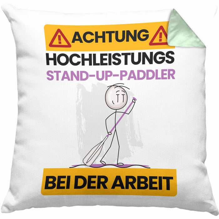 Stand-Up-Paddler Kissen mit Füllung 40x40 Geschenk Lustiger Spruch Geschenkidee für Stand-Up-Paddler Achtung Hochleistungs Stand-Up-Paddler Bei Der Arbeit (Grau) Grün Trendation