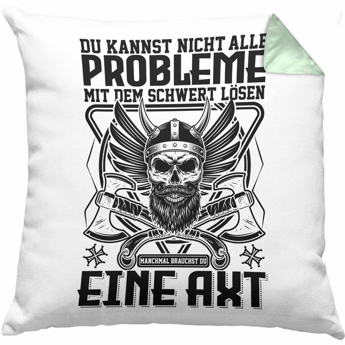 Wikinger Kissen mit Füllung 40x40 Geschenk Nicht alle Probleme Schwert Lösen Axt Mittelalter Kaffee-Kissen mit Füllung 40x40 (Grau) Grün Trendation