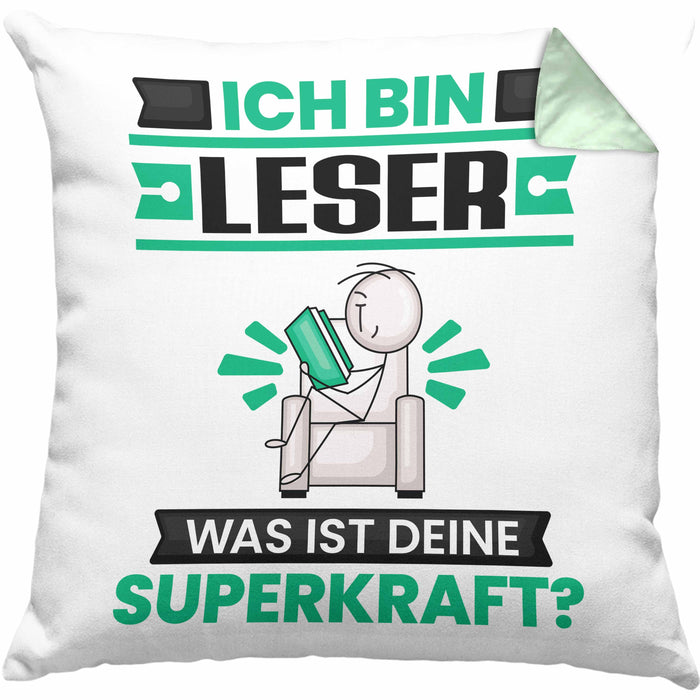 Leser Kissen mit Füllung 40x40 Geschenk für Leser Geburtstag Lustiger Spruch Was Ist Deine Superkraft (Grau) Grün Trendation