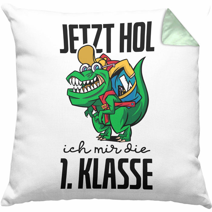 Kissen mit Füllung 40x40 Einschulung Dino T-rex Motiv Geschenk für Jungs in der 1. Klasse Schulstart (Grau) Grün Trendation