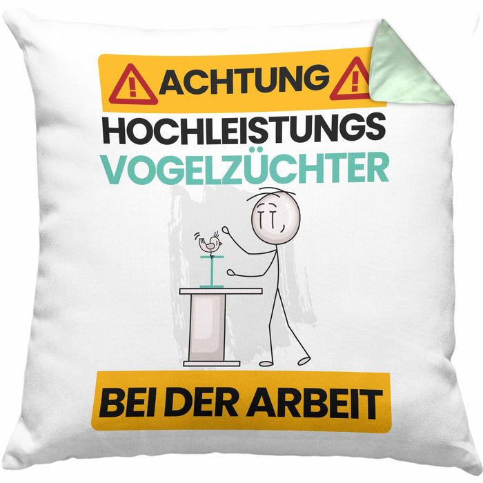 Vogelzüchter Kissen mit Füllung 40x40 Geschenk Lustiger Spruch Geschenkidee für Vogelzüchter Achtung Hochleistungs Vogelzüchter Bei Der Arbeit (Grau) Grün Trendation
